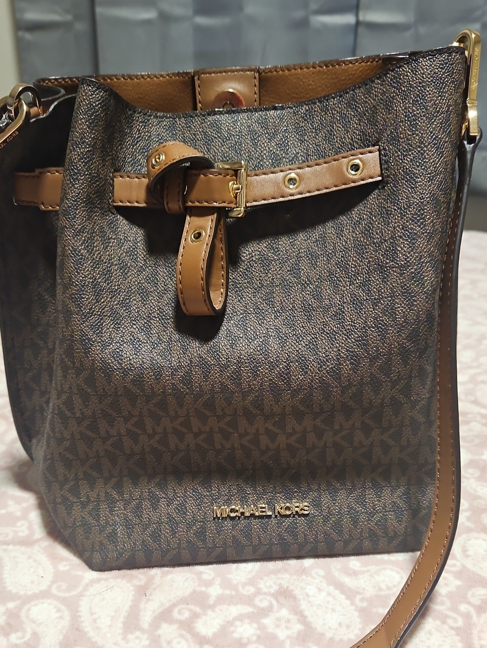 Michael Kors Brown Monogram Drawstring Crossbody